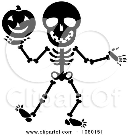 Clipart Black And White Skeleton Holding A Halloween Pumpkin.