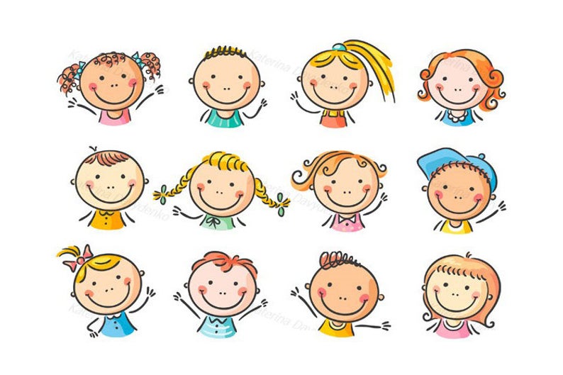 Set of 12 happy cartoon kids faces. Children clipart, kids clipart, faces  clipart..