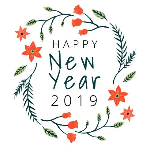 Cute Happy New Year Background With Flowers And Leaves.