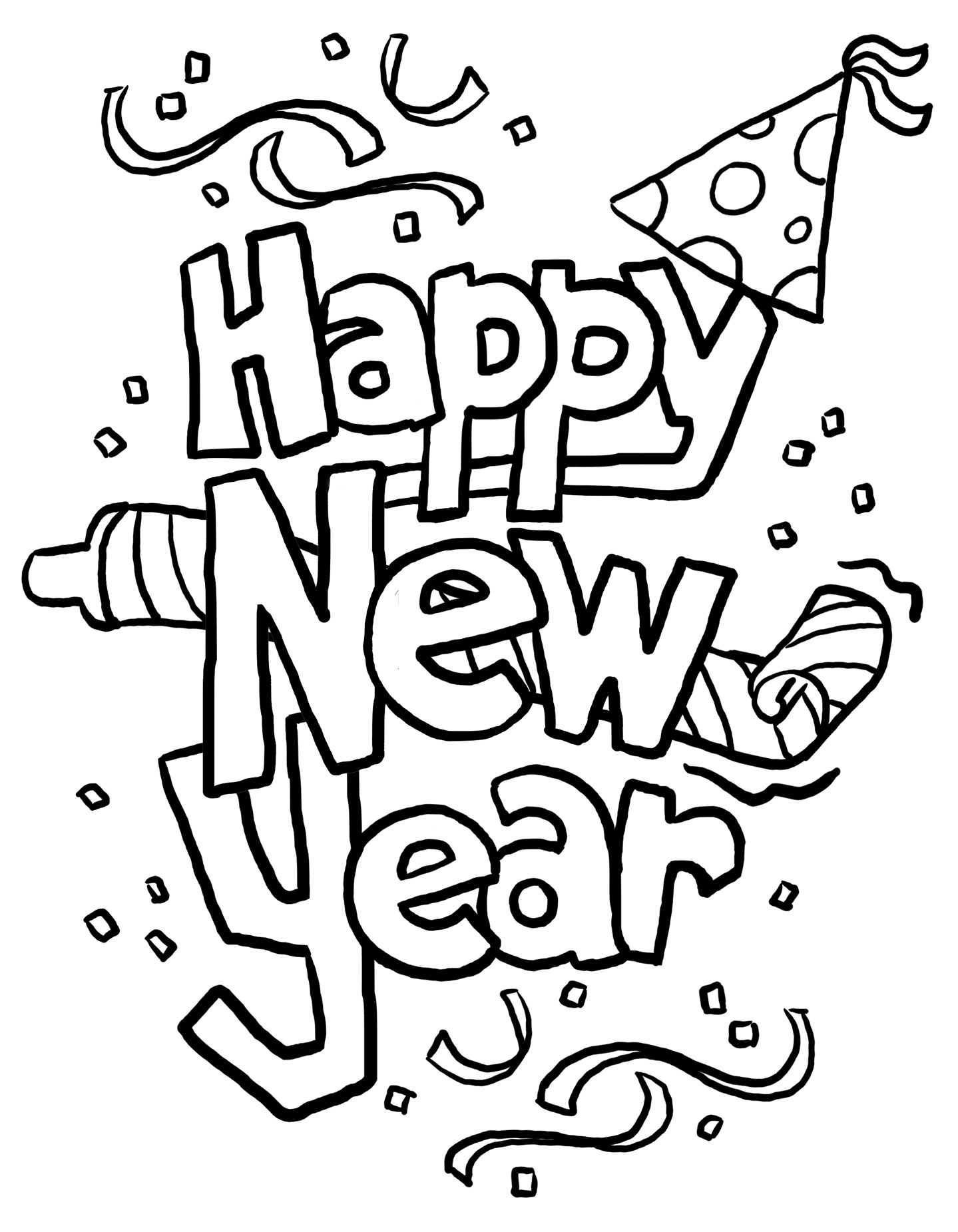 Happy new year black and white clipart.