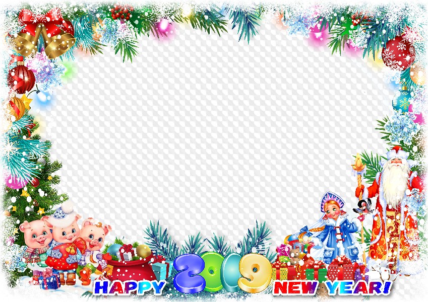 2019, Happy New Year! Photo Frame template. Transparent PNG.
