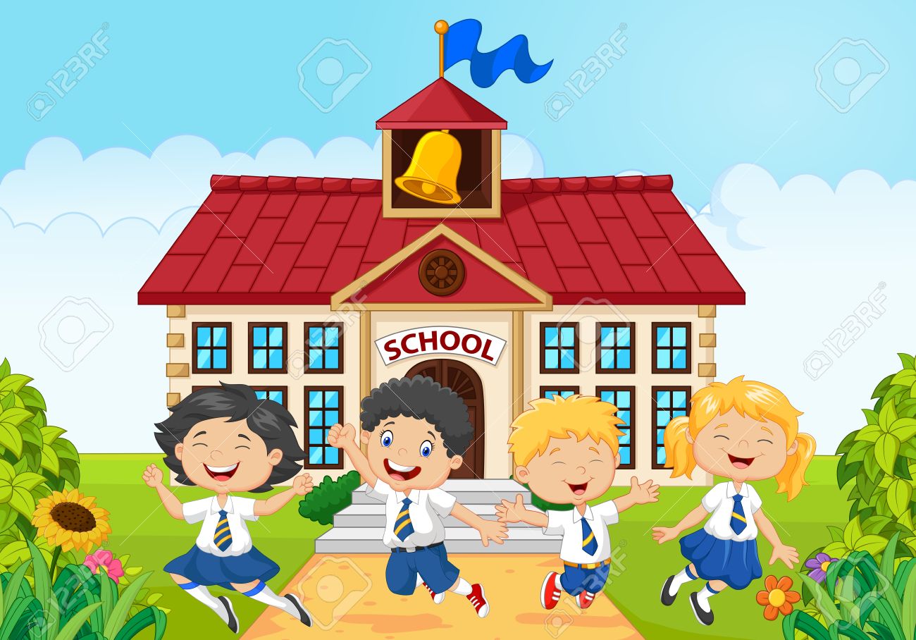illustration of Happy school kids in front of school building.