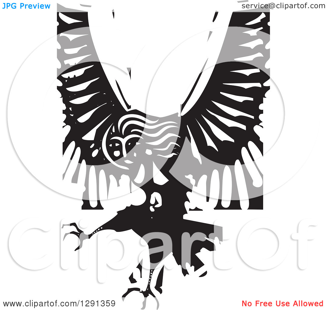 Clipart of a Black and White Woodcut Female Harpy of Greek.