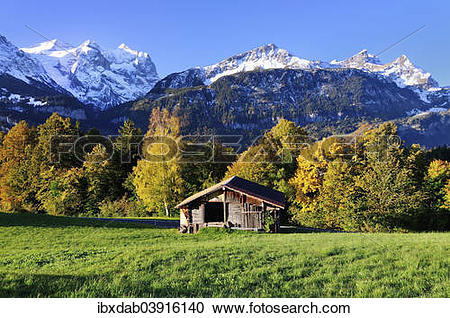 Stock Photography of "Wooden hut in Hasliberg, with view on the.