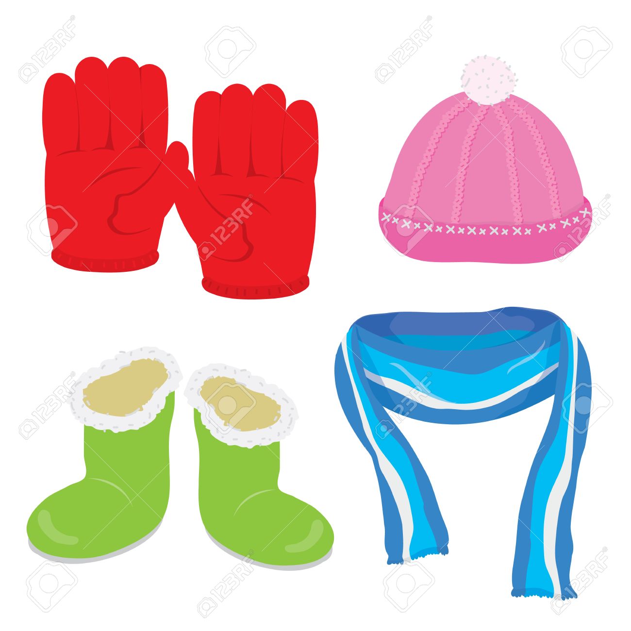 Gloves Hat Boots Scarf Cartoon Vector.