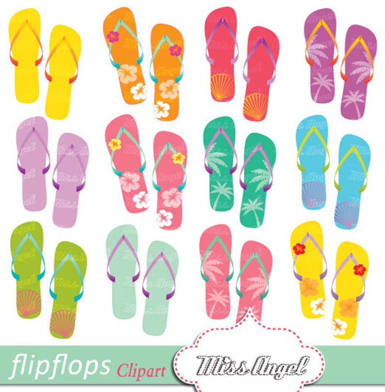 Flip Flops Clipart, Summer thongs Clip art. Palmtree, Hibiscus flipflops.  12 Hawaii flip flops. Beach thongs pink, purple, blue, colorful.