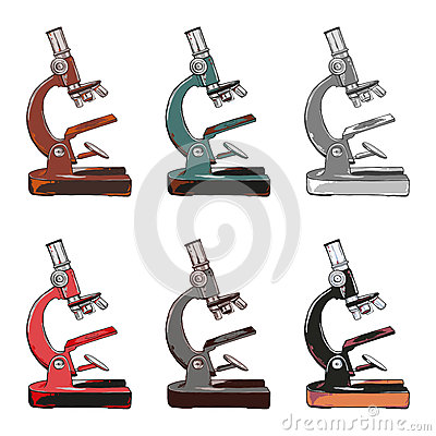 Six Different Color Of Microscopes. Stock Vector.
