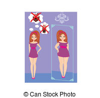 Clip Art Vector of woman looking herself in the mirror.