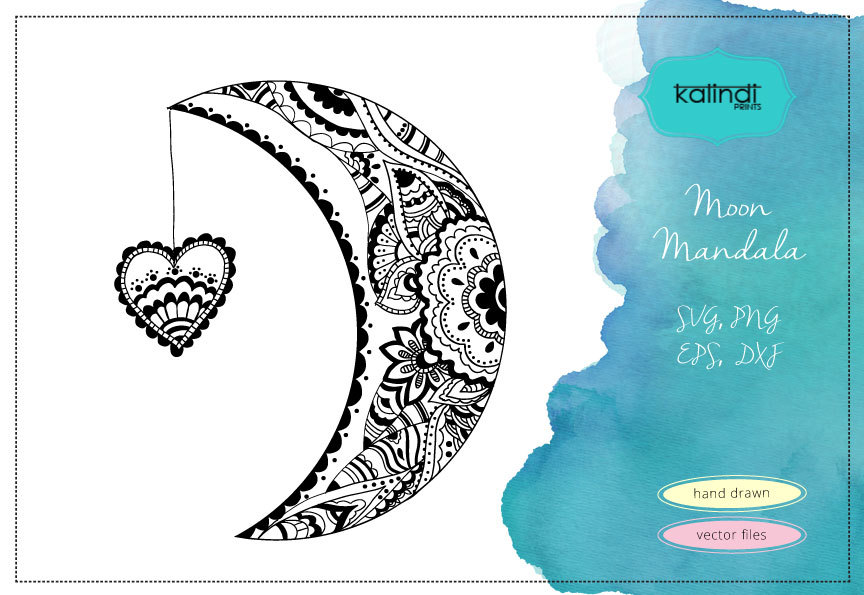 Mandala svg. Half Moon and Heart Mandala. Mandala vector clipart.