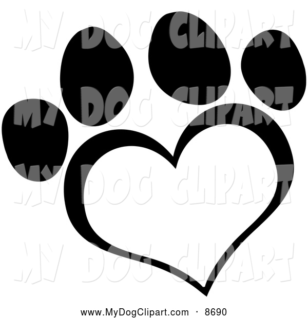 Clip Art of a Black and White Heart Paw Print by Hit Toon.