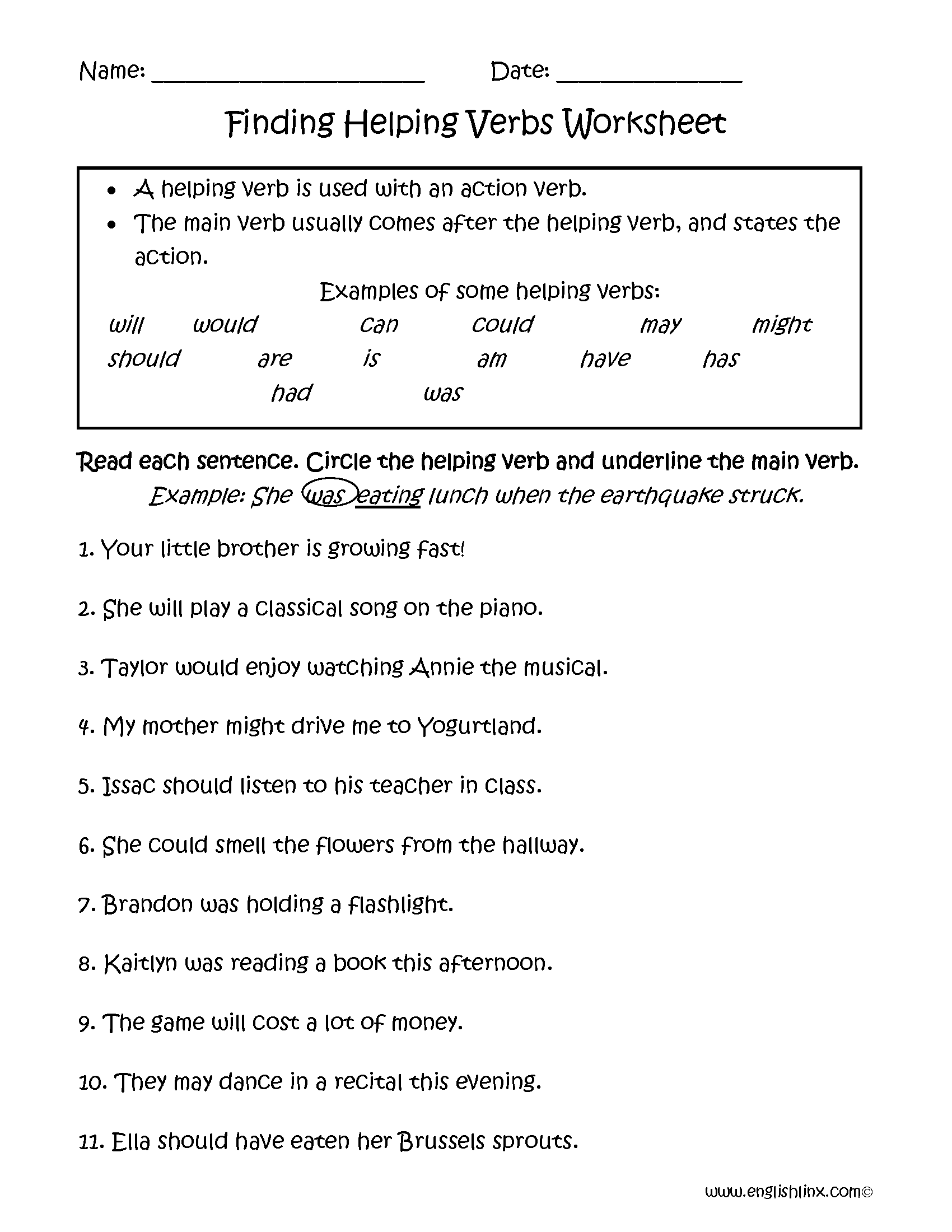 List Of Helping Verbs Worksheet