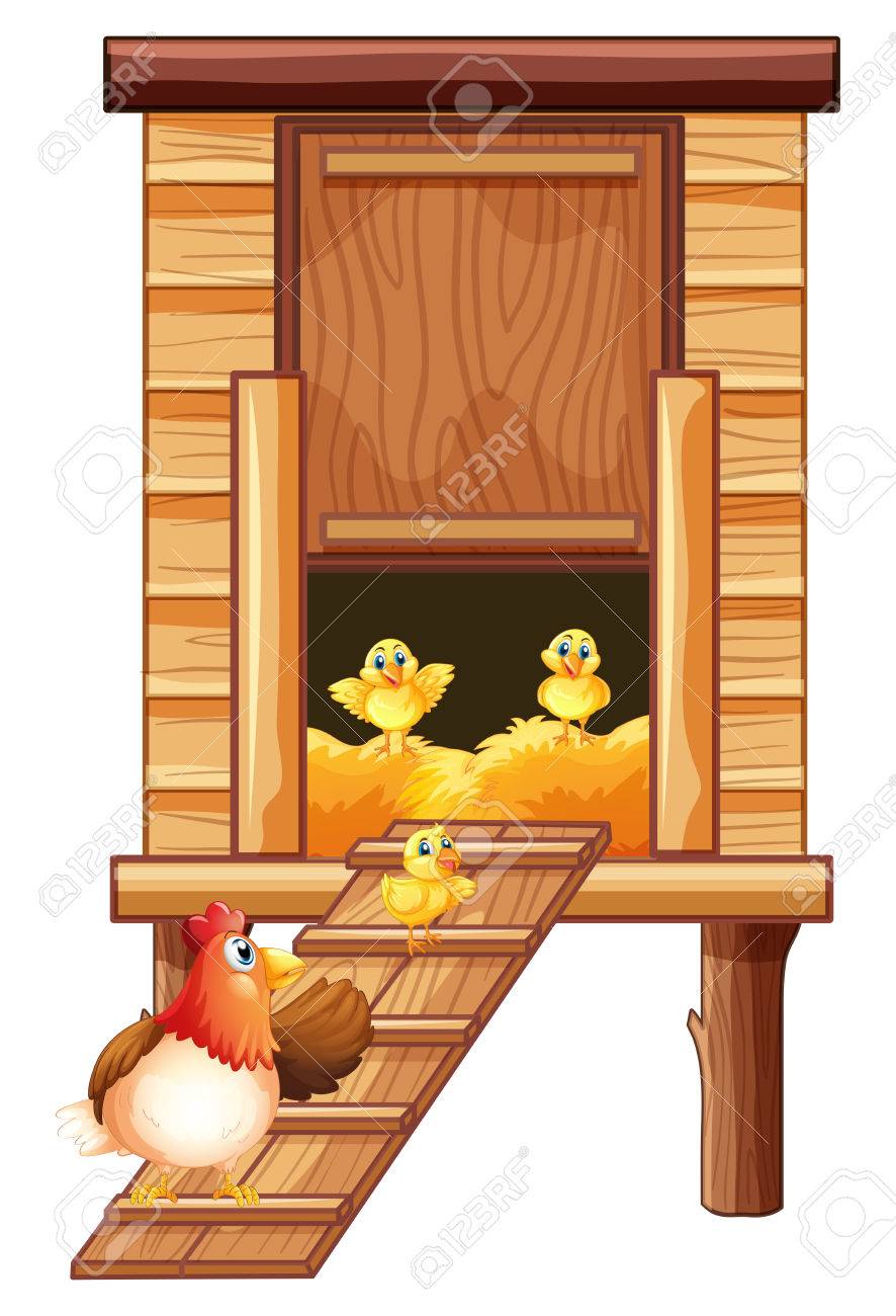 Chicken coop with hen and chicks illustration.