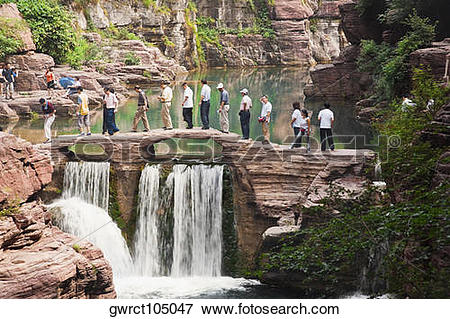 Picture of Tourists crossing a river, Mt Yuntai, Jiaozuo, Henan.