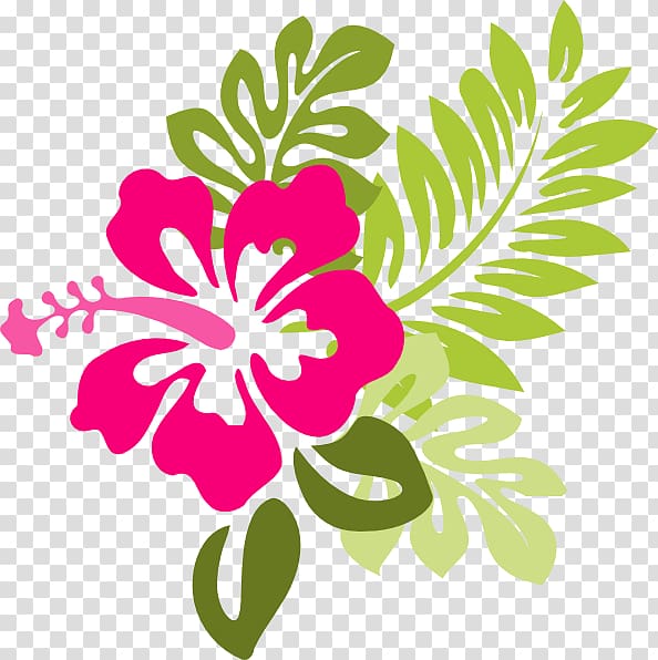 Pink hibiscus flower and green leaves art, Hawaiian Flower.