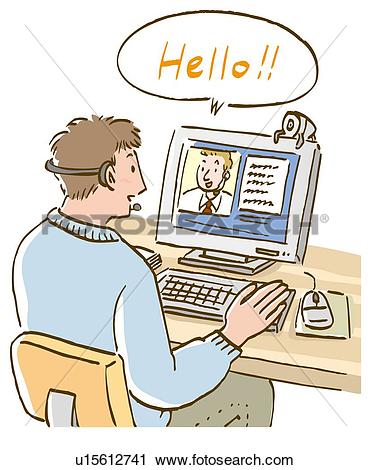 Clipart of Man learning English using personal computer, high.