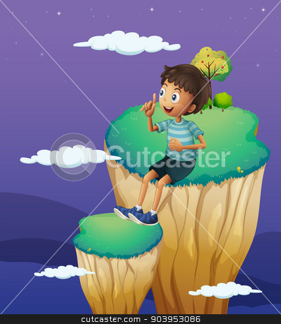 A boy sitting above the high rock formation stock vector.
