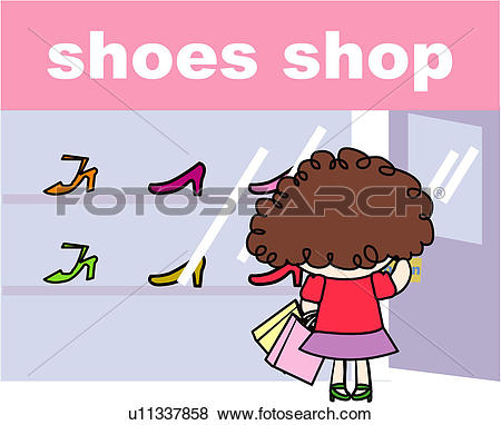 Clip Art of high heels, show window, shoes shop, shopping bag.