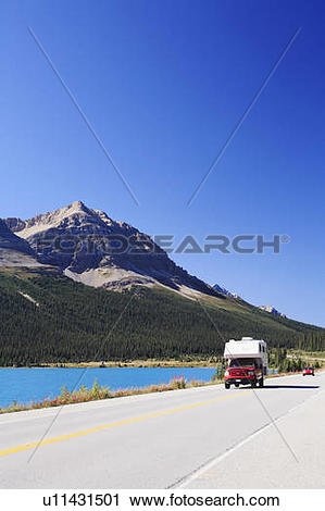 Stock Photography of Camper and other traffic along the Icefields.