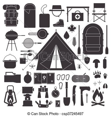 Hiking and Camping Outline Icon Set..