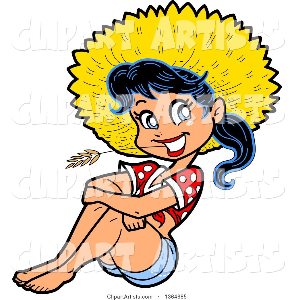 Cartoon Happy Black Haired Hillbilly Woman Sitting and Chewing on.
