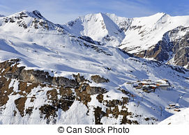 Stock Photos of Skis and Hintertux Glacier.