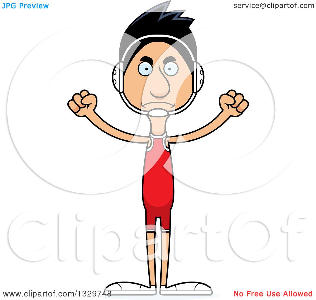 Clipart of a Cartoon Angry Tall Skinny Hispanic Man Wrestler.