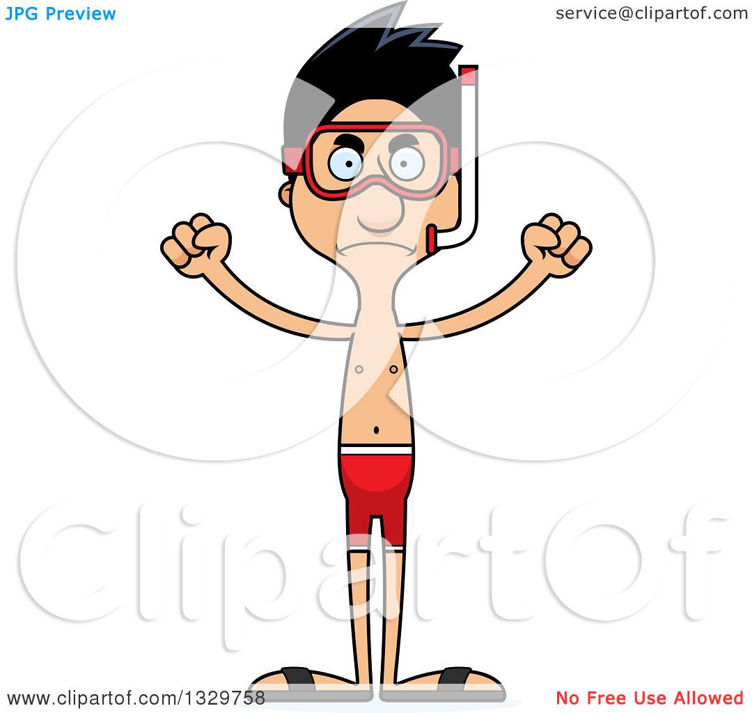 Clipart of a Cartoon Angry Tall Skinny Hispanic Man in Snorkel.