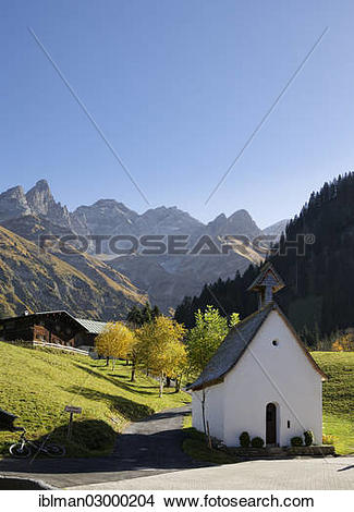 Stock Photo of "Chapel in Einoedsbach with Maedelegabel mountain.