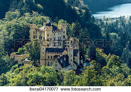 Picture of Hohenschwangau Castle, lake Schwansee behind, Schwangau.