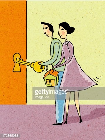 Couple holding house key to unlock door Clipart Image.