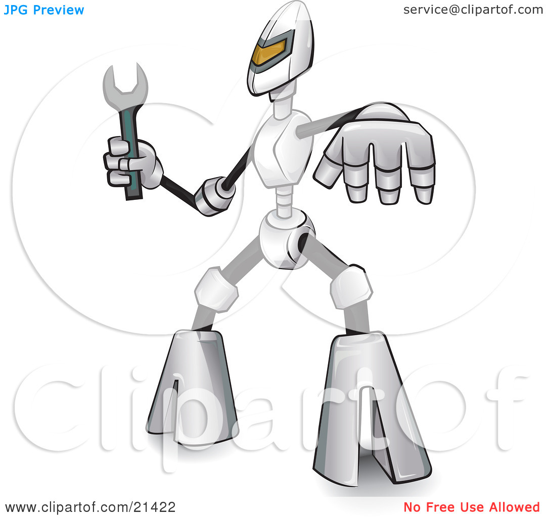 Clipart Illustration of a Metal Robot Holding A Wrench, Ready To.
