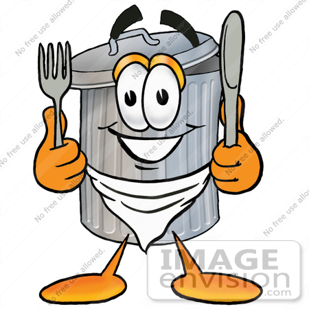Clip Art Graphic of a Metal Trash Can Cartoon Character Holding a.