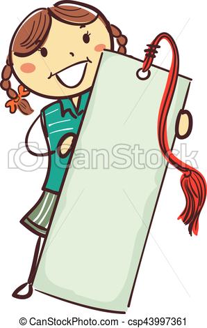 Clip Art Vector of Stick Kid Holding a Big Bookmark.