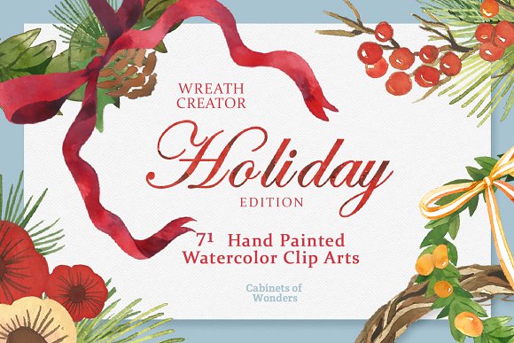 Holiday Wreath Watercolor Clipart.