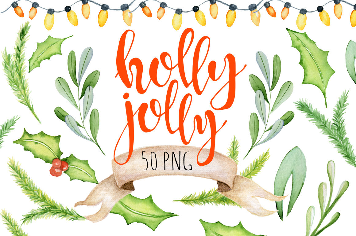 Christmas floral watercolor clipart Holly Jolly By.
