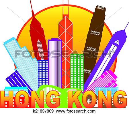 Clipart of Hong Kong City Skyline Color Panorama Illustration.