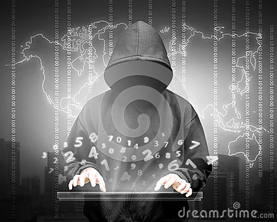 Computer Hacker Silhouette Of Hooded Man Stock Photo.