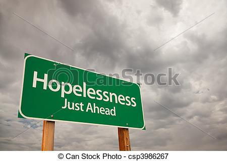 Picture of Hopelessness Green Road Sign Over Storm Clouds.