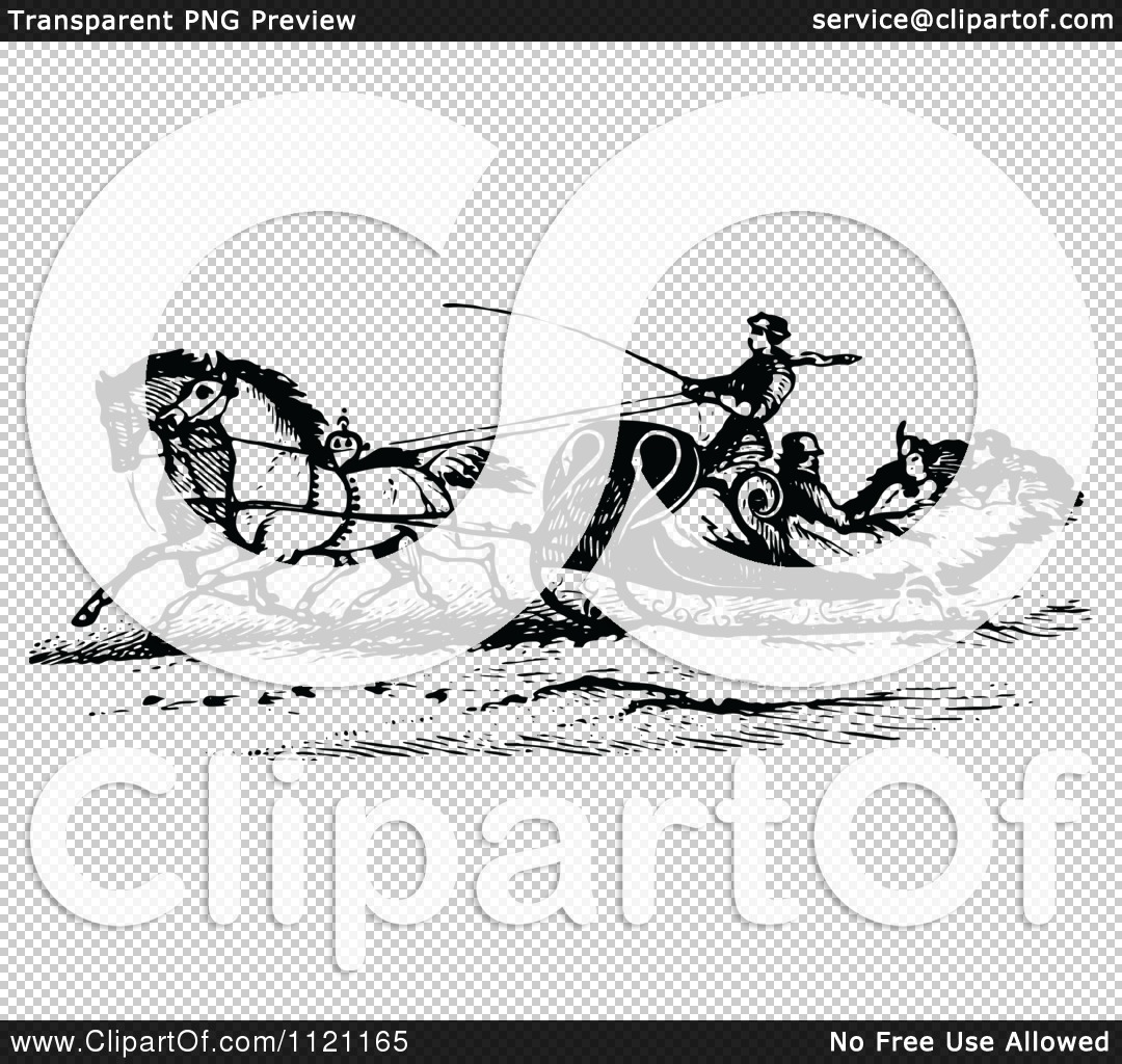 Clipart Of A Retro Vintage Black And White Horse Drawn Sleigh.