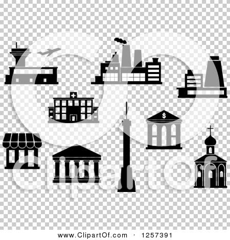 Clipart of a Black and White Airport, Factory, Power Plant.