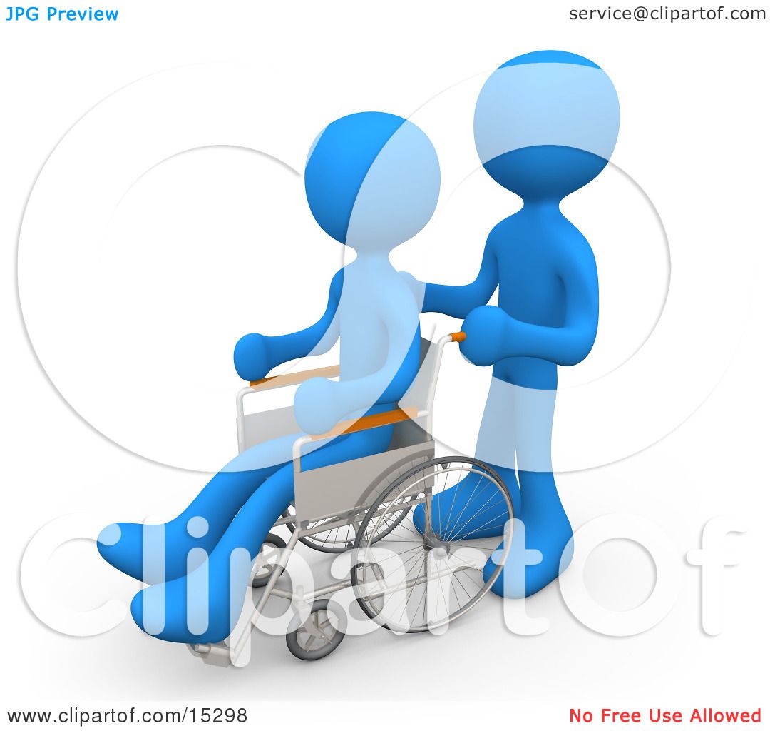 Blue Person Pushing Another Person In A Wheelchair In A Hospital.