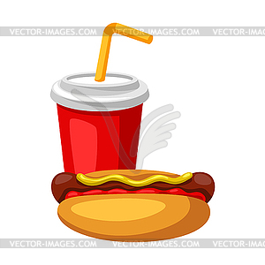 With fast food meal. Soda and hot dog.