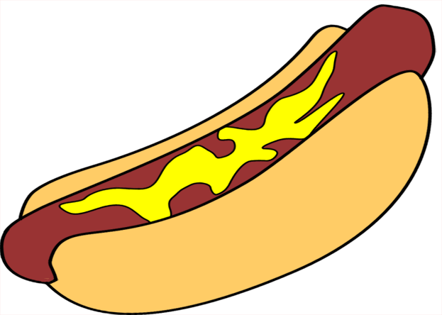 Clip art of a hot dog in a bun with mustard on the top. Description.