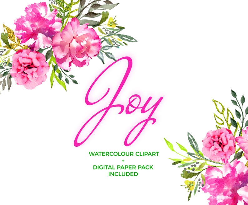 Joy Watercolor Flower Clipart Set, Seamless Digital Paper Pack, Seamless  Patterns, wild hot pink rose,Instant Download, Flowers, Watercolor.
