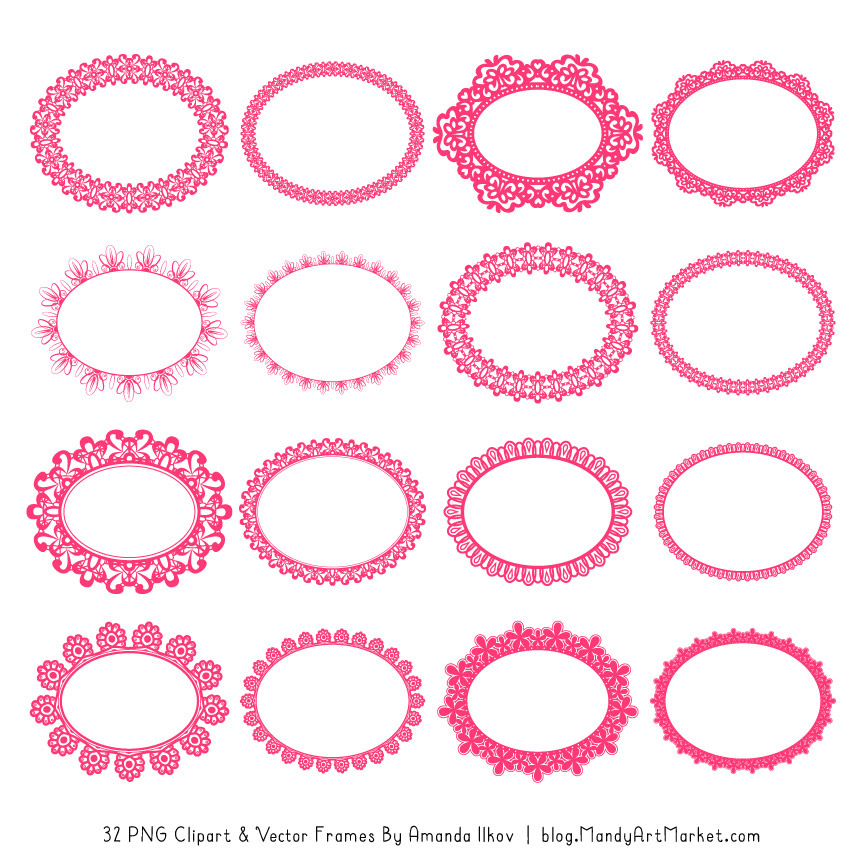 Hot Pink Round Digital Lace Frames Clipart 4.