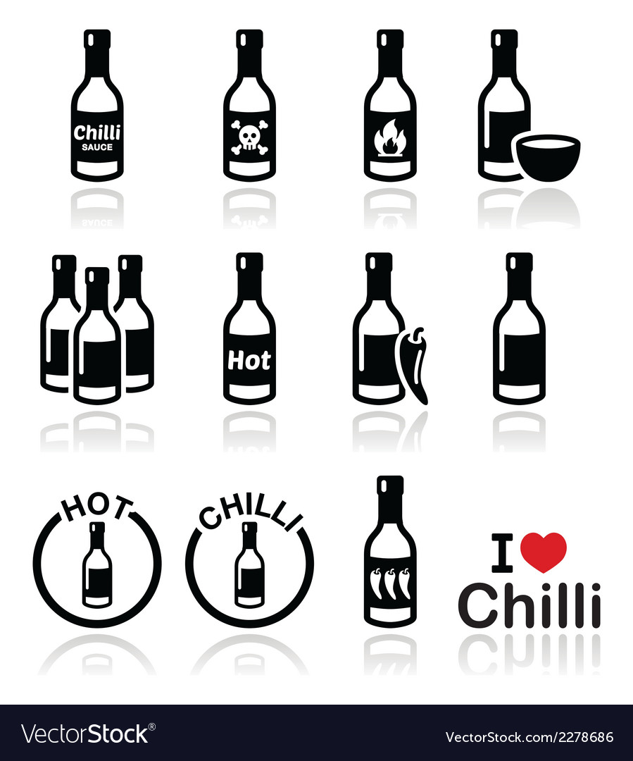 Hot chilli sauce bottle icons set.