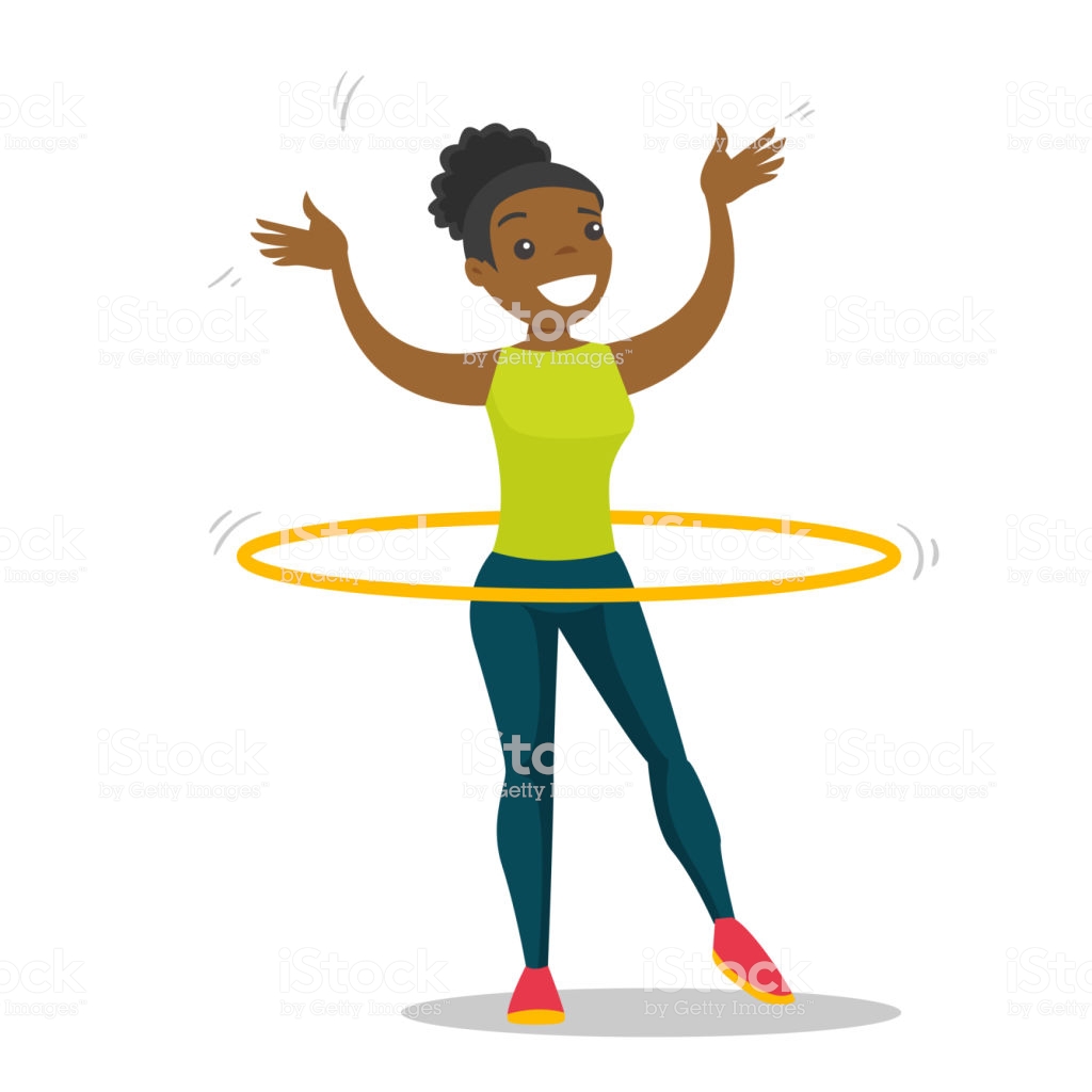 Young African Woman Doing Exercises With Hula Hoop Stock Illustration.