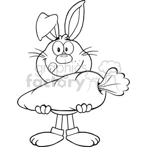 Royalty Free RF Clipart Illustration Black And White Hungry Rabbit Cartoon  Character Holding A Big Carrot clipart. Royalty.