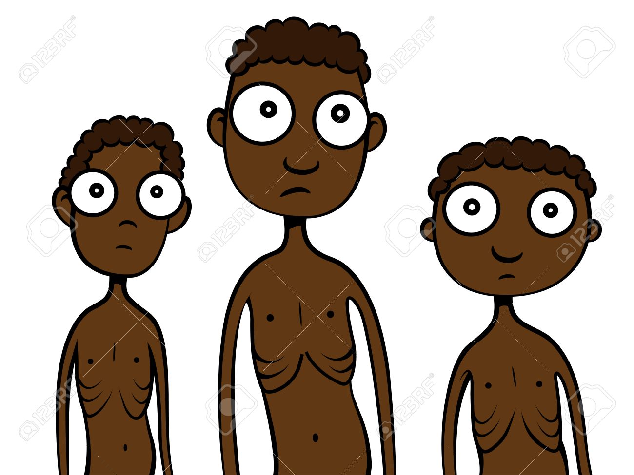 Cartoon vector illustration of skinny hungry African children.