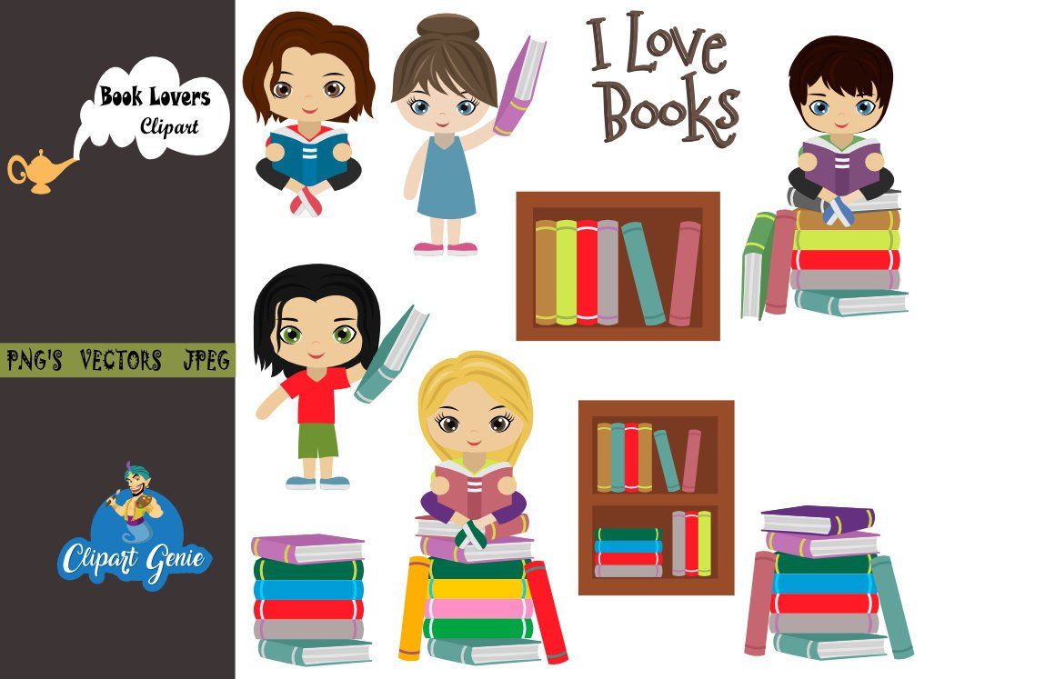 Library clipart, book lovers clipart, book clipart, reading.